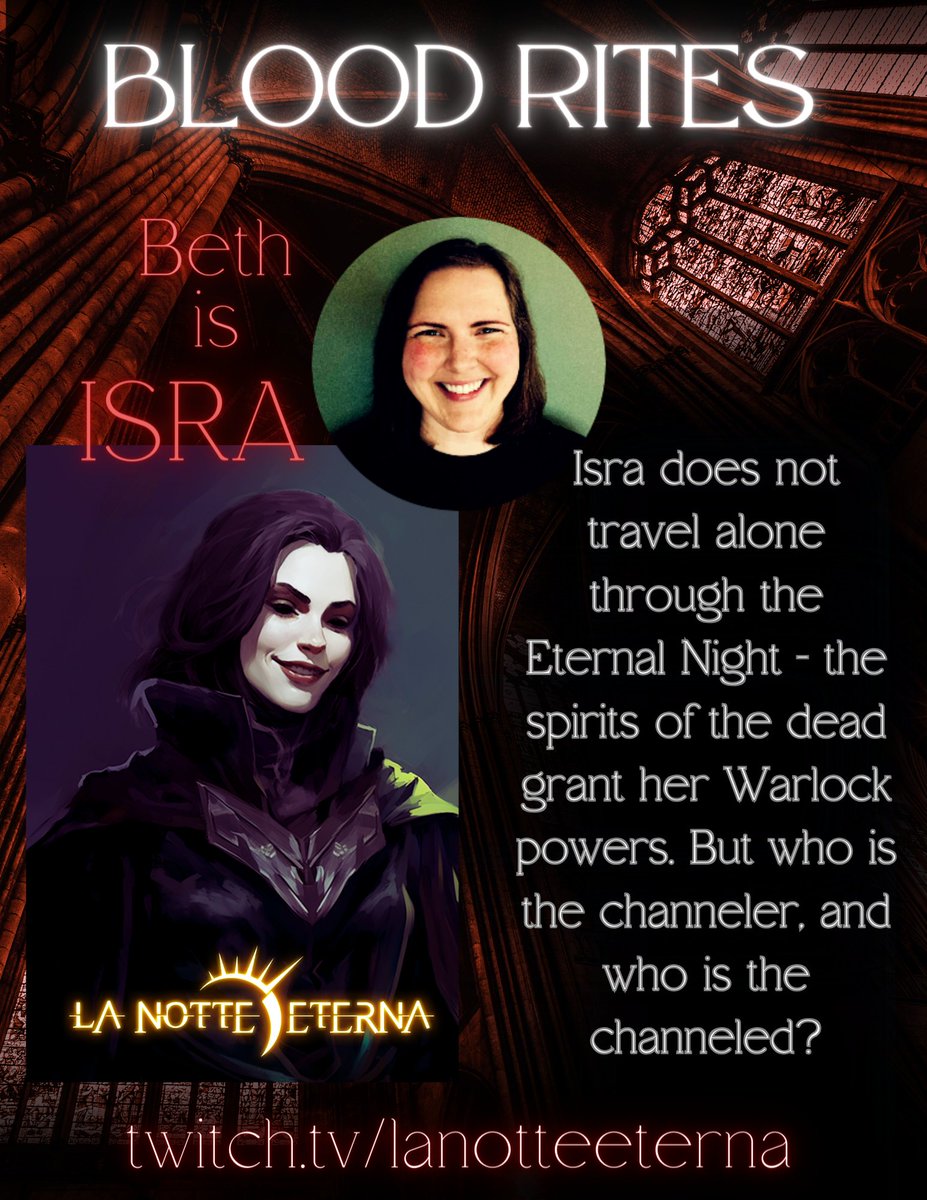 Tonight - the continued adventures of the Blood Domain!

Beth @BethMaczko plays Isra, the spiritualist with a dark passenger tonight!
#dnd5e #LaNotteEternaRPG 

m.twitch.tv/lanotteeterna