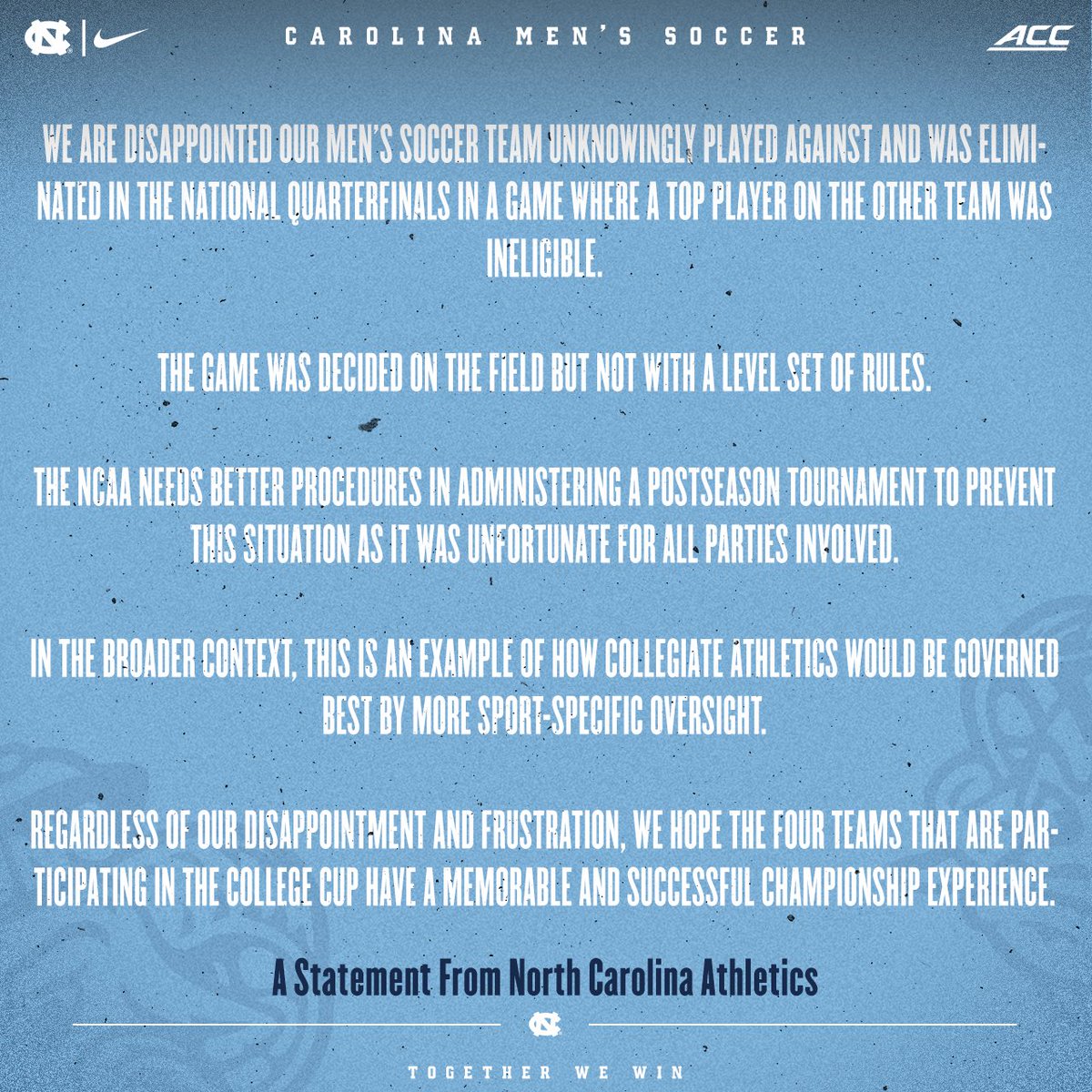 UNCmenssoccer's tweet photo. A statement from North Carolina Athletics https://t.co/bO9qAv618j