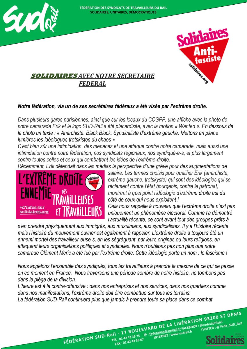 ❌ L’extrême-droite est notre ennemi. 

⚫️ En menaçant un de nos militants, les fachos s’en prennent à nous toutes et tous.