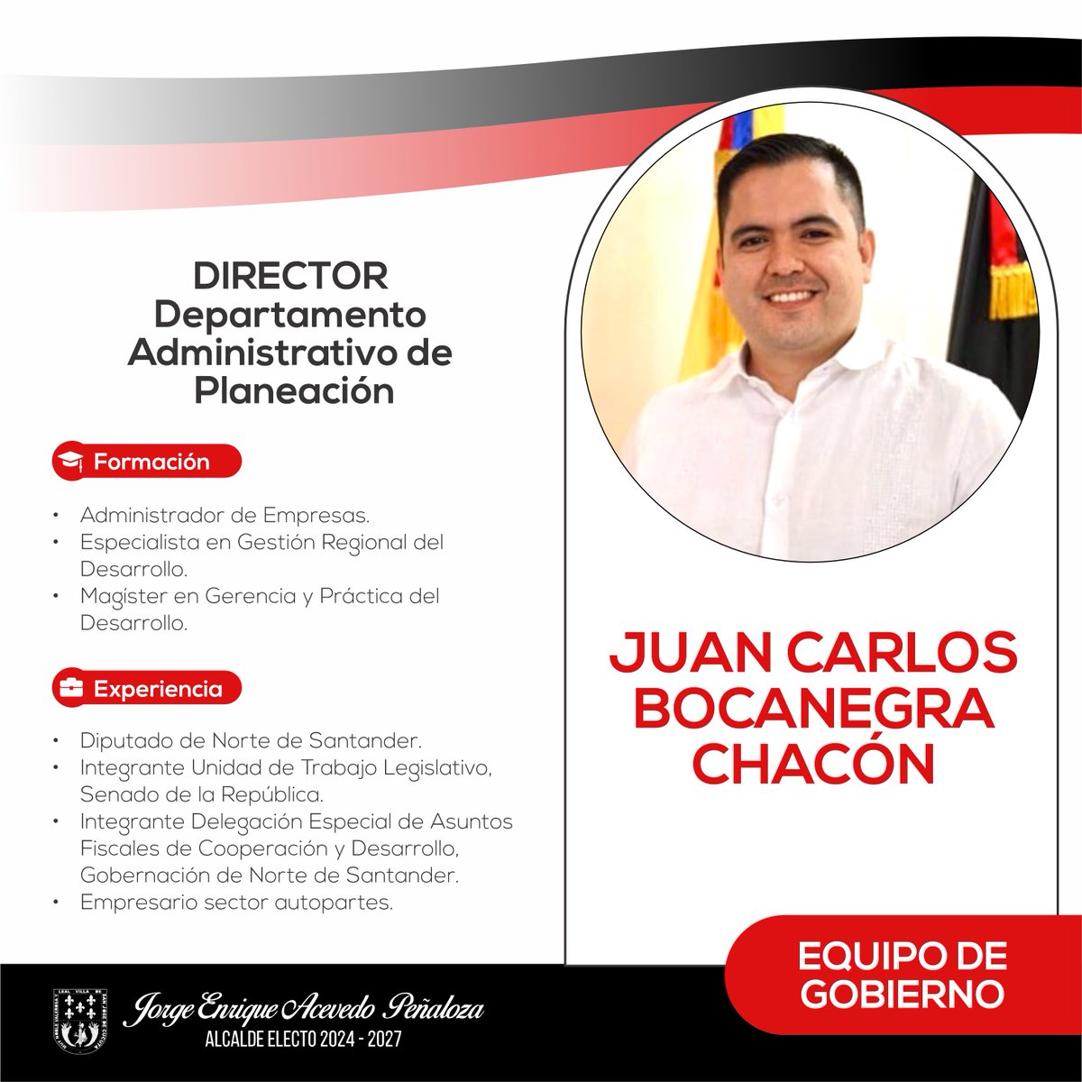 Jorgeacevedocuc's tweet photo. El magíster @juancbocanegra asumirá la dirección del Departamento Administrativo de Planeación en nuestro gobierno. Juan tiene competencias en la creación de políticas públicas con enfoque territorial y en la gestión de proyectos para el desarrollo sostenible. #Cucuta https://t.co/7nTUekd4rf