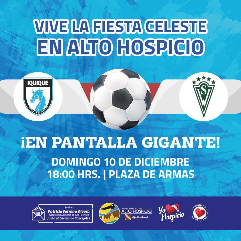 #IQUIQUE | La Municipalidad de #AltoHospicio transmitirá en una pantalla gigante la final entre el @ClubDIquique y @swanderers este domingo 10 de diciembre. La emisión se realizará en el anfiteatro de la Plaza de Armas de la comuna desde las 18:00 horas.