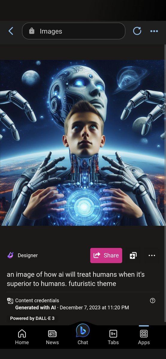 manav148's tweet photo. Got these on gpt 4 for this prompt. "an image of how ai will treat humans when it's superior to humans." 

So if we are in era of achieving AGI and beyond. The result look scary! #AIforGood #MachineLearning #ArtificialIntelligence #AIEthics #DeepLearning #NLP #AIChat https://t.co/MywgDFEyI3