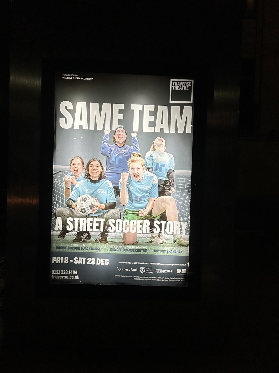 Saw ‘Same Team’ tonight. Laughed and cried. If anyone is about Edinburgh in the next few weeks and fancies watching a play about Street Soccer (and  a bit about the Change Centre in Dundee) I *highly* recommend it. 

#streetsoccer #sameteam