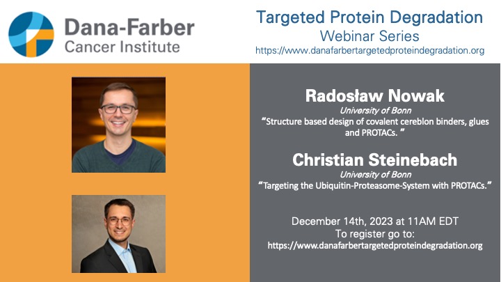 Join us for our last DegradoZoom of 2023, featuring University of Bonn's Radek Nowak @RPNowak on 'Structure-based Design of Covalent Cereblon Binders' and Christian Steinebach @c_steinebach on 'Targeting the Ubiquitin-Proteasome-System with PROTACs.' Thursday, Dec 14th, 11am EST