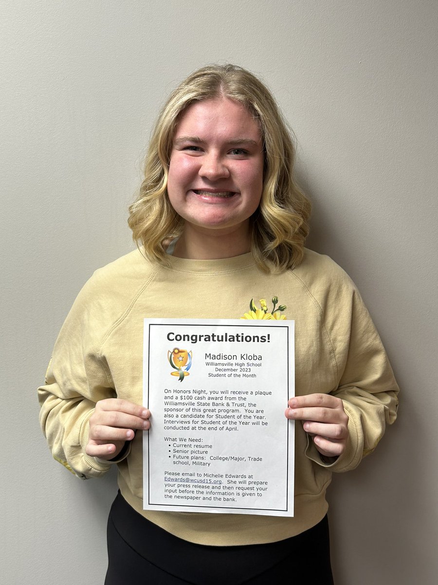 Congratulations to Madison Kloba! She was selected as WHS Student of the Month for December. #bulletpride