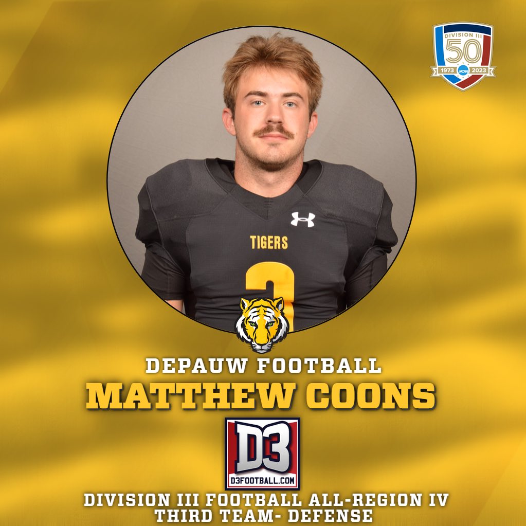 DePauwAthletics's tweet photo. Congratulations to five members of the @DePauwTigersFB team for earning spots on the @d3sports (https://t.co/nAKlQYuczg) All-Region teams! https://t.co/Fg2ER3OqwJ