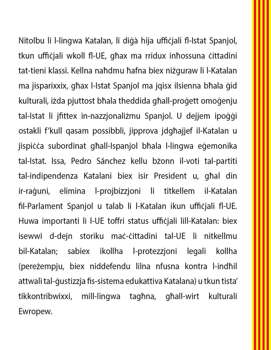 TimbalersPelCat's tweet image. 22/29
🇲🇹 MALTA
12-12-2023, Kunsill tal-Ewropa:
#SayYes #CatalanOfficialEU
Aħna l-Katalani rridu nkunu ċittadini tal-UE bil-lingwa tagħna stess.
We Catalans want to be EU citizens with our own language.
@RobertAbela_MT @MaltaGov @MinisterIanBorg @MaltainEU