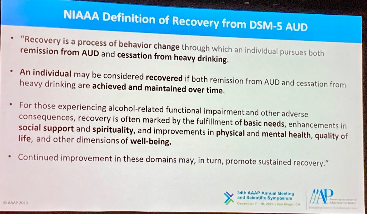 DrPsychMD's tweet photo. This is HUGE ‼️⚠️

@NIAAAnews creates new definition of #recovery aligning with what we clinicians already knew: 

Abstinence is NOT required for recovery from DSM5 AUD!

@AAAP1985 #AAAP23 @DrKenZoucha @unmcpsychiatry @ASAMorg @HarmReduction @DrKimSue https://t.co/XD0QMaemUZ