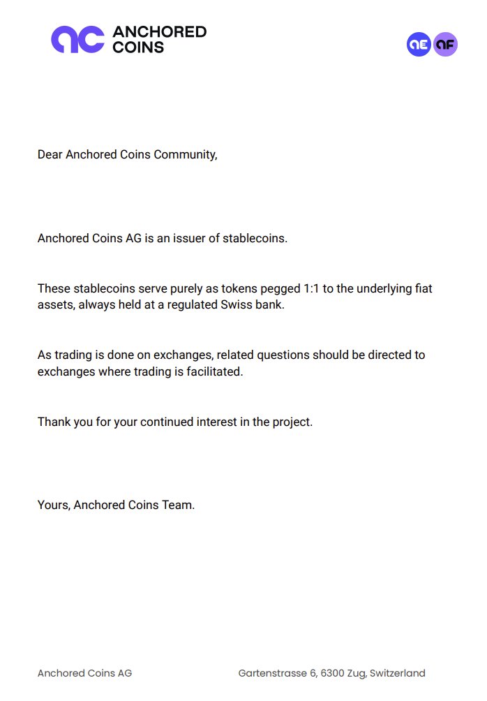 AnchoredCoins's tweet photo. We have been receiving many requests in the recent days, and would like to share an update from the Anchored Coins Team. 

#ACHF #AEUR #AnchoredCoins #StableCoin https://t.co/ulytj9ZbK9