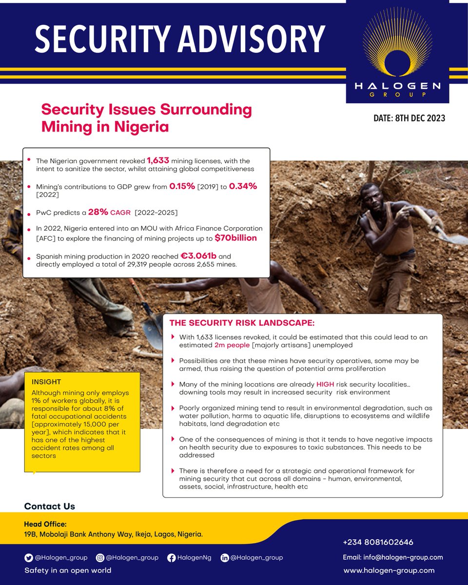 Security issues surrounding mining in Nigeria

#mining #security #securityawareness #securitymanagement #mineralexploration #Nigeria #Halogen #halogengroup #friday