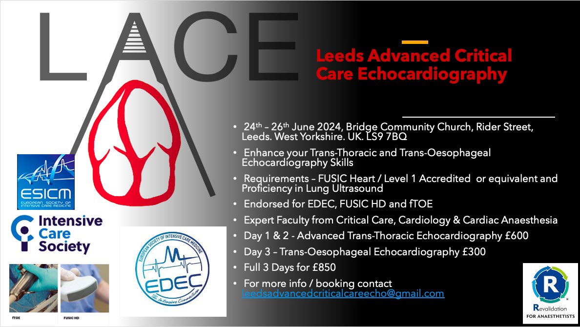 LACE is now officially endorsed for EDEC (European Diploma of Echocardiography in Critical Care) Thinking of accreditation in ACCE, EACVI, FUSIC HD, fTOE or EDEC? Here’s your chance!