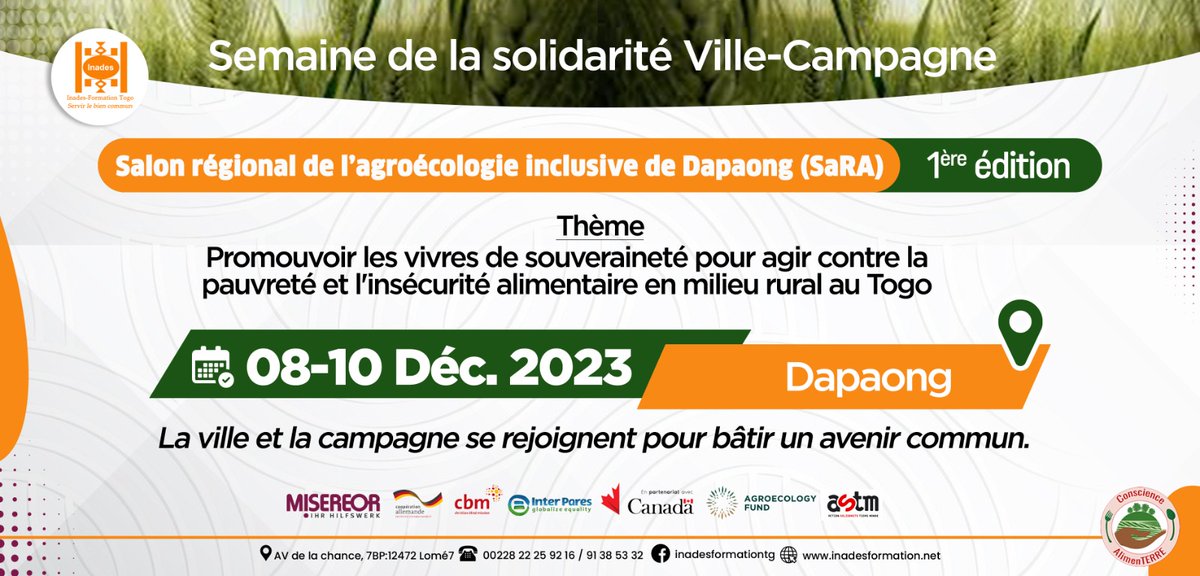 InadesTogo's tweet photo. 1ère édition de la semaine de Solidarité Ville-Campagne à travers le Salon régional de l'agro-écologie inclusive. Elle est axée sur le thème : « Promouvoir les produits vivriers de souveraineté pour lutter contre la pauvreté et l'insécurité alimentaire en milieu rural au Togo ». https://t.co/CVkj6q94xW