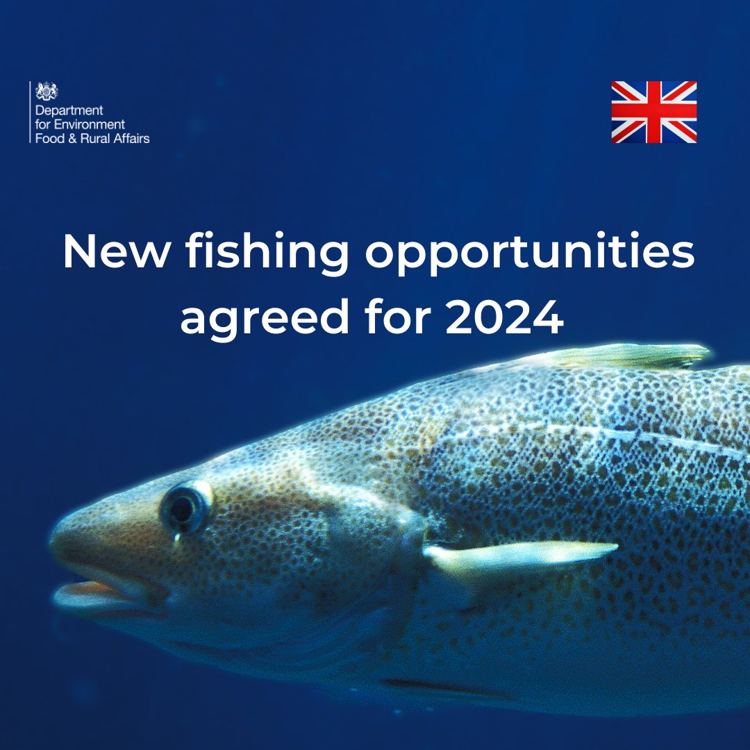 DefraGovUK's tweet photo. We've agreed 2024 fishing opportunities with The EU and Norway .
The agreements, worth up to Β£700 million to the UK #FishingIndustry, will support the #sustainable management of fisheries in UK waters.
Read more: https://t.co/mdg196lTOA https://t.co/xWNve8xihw