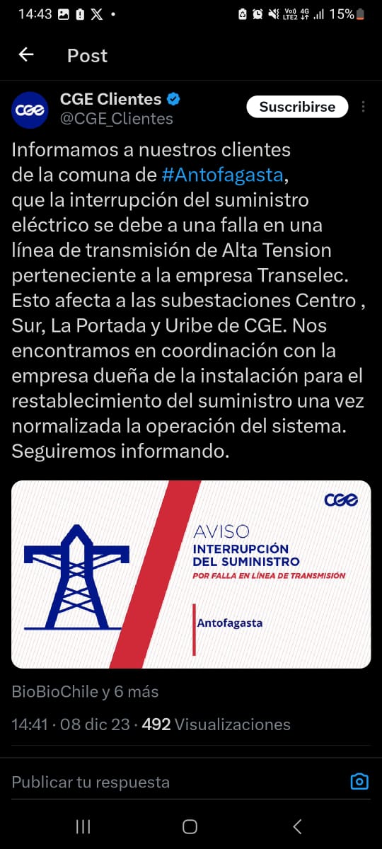 Dayane_Marquez's tweet photo. A esta hora se registra un mega corte de electricidad en #Antofagasta, que afecta a más de 112 mil hogares, según informó CGE, respondería a una falla en una línea de transmisión de Alta tensión pertenecientes a la empresa Transelec. La energía se ha restaurado paulatinamente en algunos sectores. Existen varias arterias sin semaforización por lo que se llama a la precaución. @Cooperativa