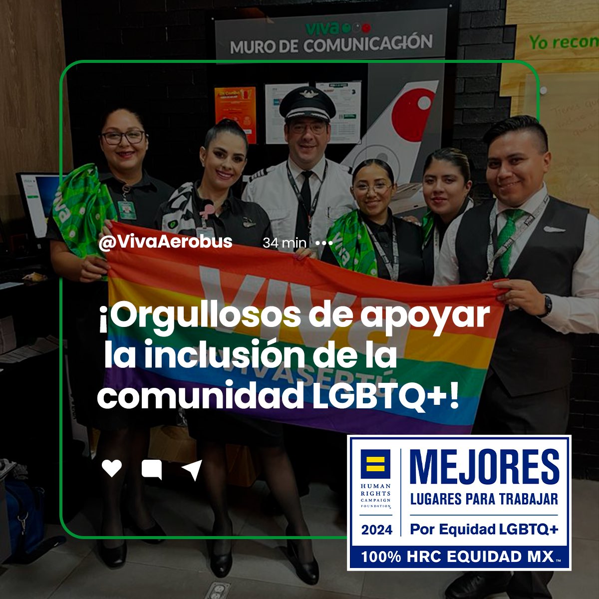 VivaAerobus's tweet photo. ¡Aquí volamos todos! Recibimos el distintivo HRC 2024 de la Fundación Human Rights Campaign en colaboración con ADIL Diversidad e Inclusión Laboral. 🏳️‍🌈🌈✨  Gracias a nuestro equipo de Diversidad e Inclusión, el Comité Viva Pride y nuestra #GenteViva que llevan muy alto el lema #VivaSerTu. ✈️💚 #HRCEquidadMX #HumanRightsCampaign #HRC2024 #LGBTQ+