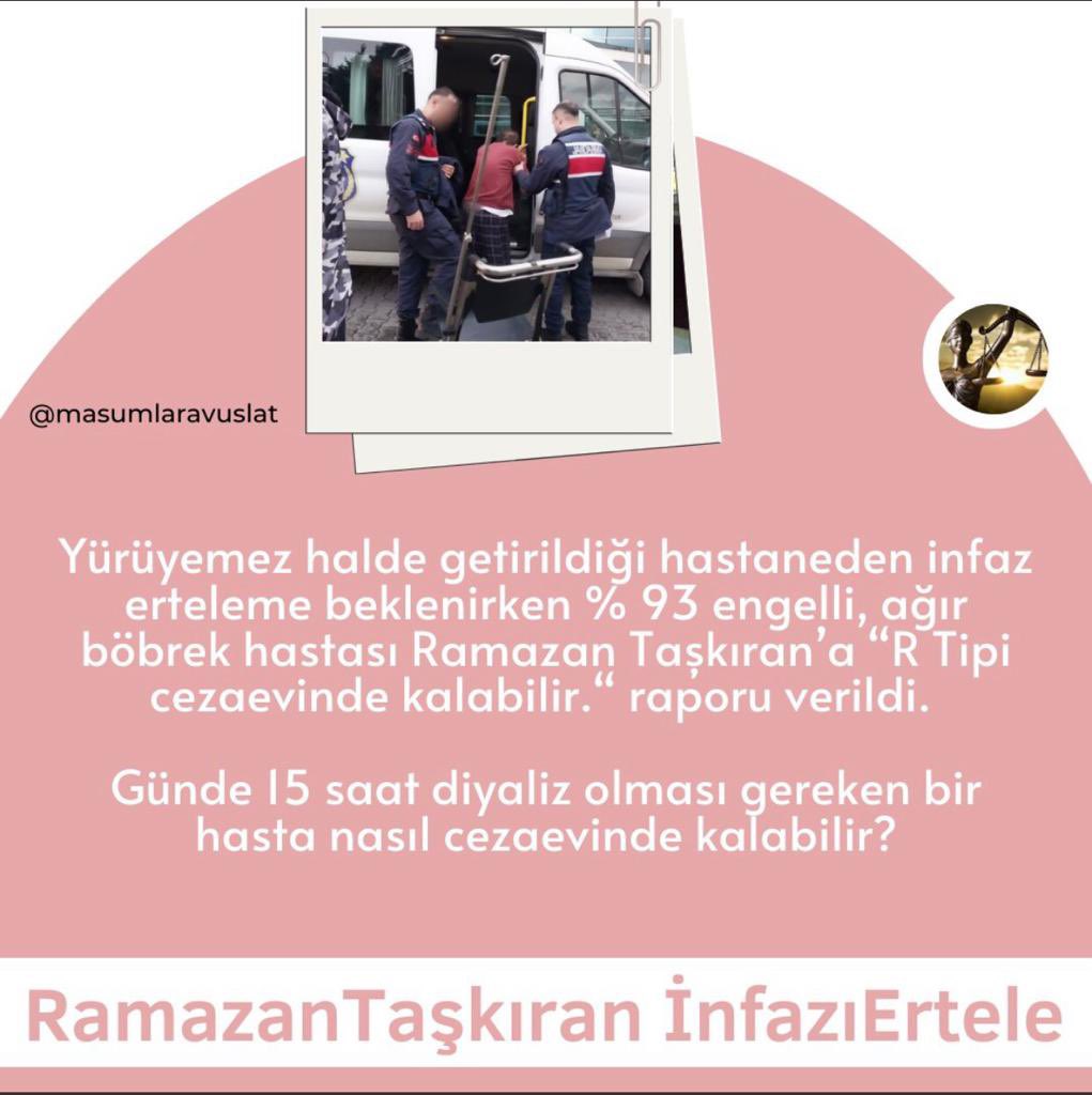 TrendRights_TR's tweet photo. Yürüyemez halde getirildiği hastaneden infaz erteleme beklenirken % 93 engelli, ağır böbrek hastası Ramazan Taşkıran'a "R Tipi cezaevinde kalabilir." raporu verildi. 

Günde 15 saat diyaliz olması gereken bir hasta nasıl cezaevinde kalabilir?

RamazanTaşkıran İnfazıErtele
#BaldursGate3 
#benzin 
#KöpekTerörü 
@tarkan