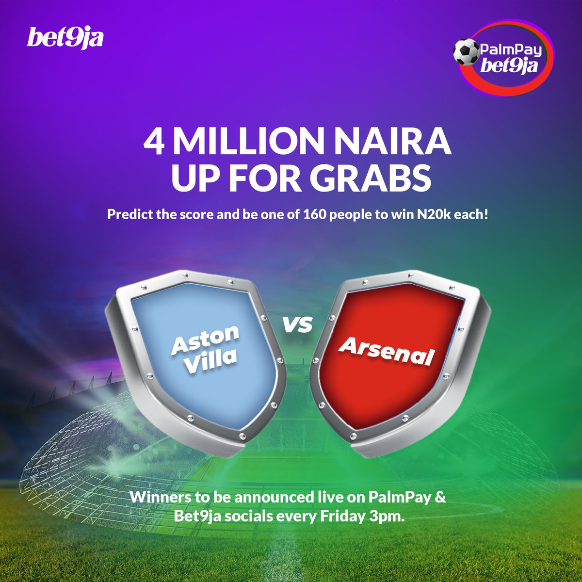 Predict the final score of Aston Villa vs Arsenal, reply below &amp; be 1 of 40 people to win ₦20,000! 

Rules: 
⚽ Follow @PalmPay_ng &amp; <a href="/Bet9jaOfficial/">Bet9ja: The home of #betBOOM! 💣</a>
⚽ Drop your prediction below with the #PalmPayXBet9ja &amp; your Palmpay tag. 
⚽ You must have a PalmPay &amp; Bet9ja account 👇