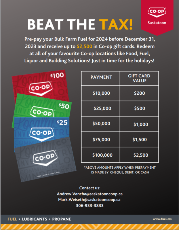 AndrewVancha's tweet photo. Call us at the @agrocoop_yxe Bulk Fuel Dept before Dec 31 and ask us about our new Beat The Tax promotion on now! https://t.co/gmZeXnPz2x