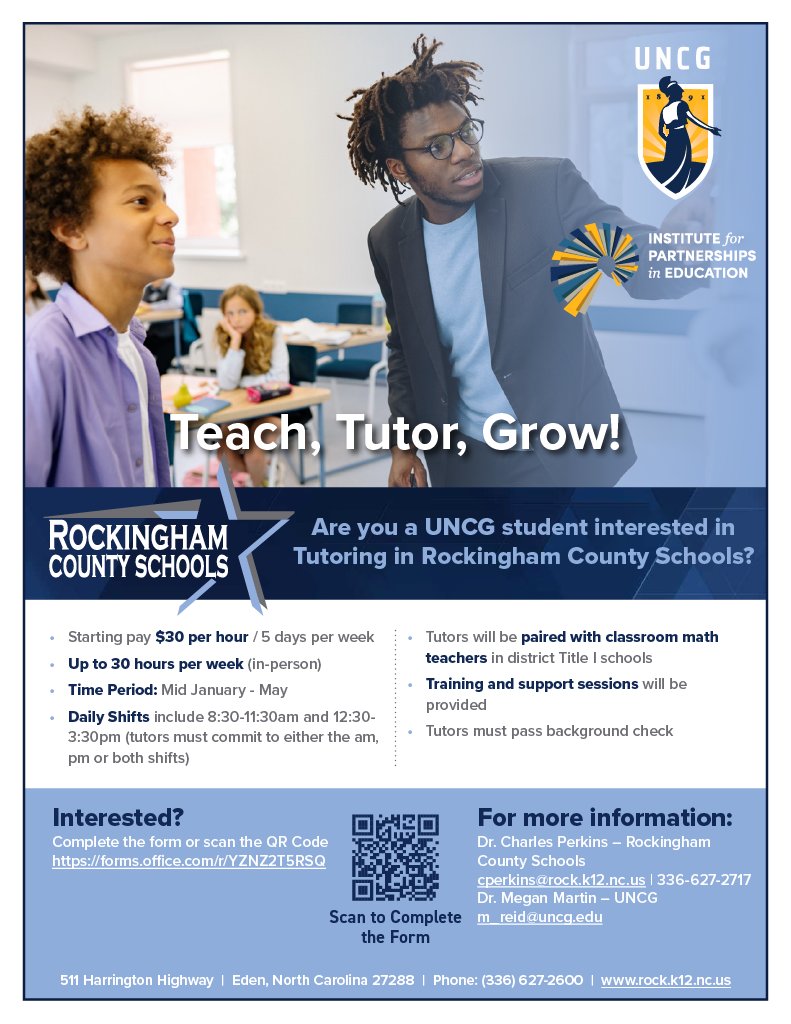 UNCGSchoolofEdu's tweet photo. Calling all #UNCGSOE undergrad and grad students! Do you want to earn $30/hr? We're looking for tutors to work with students from @RCS_NC starting in mid-January!

Complete the following form if interested: https://t.co/f0VwnyGaK5

Questions? Email Megan Martin at m_reid@uncg.edu https://t.co/ysCCdRZlxx