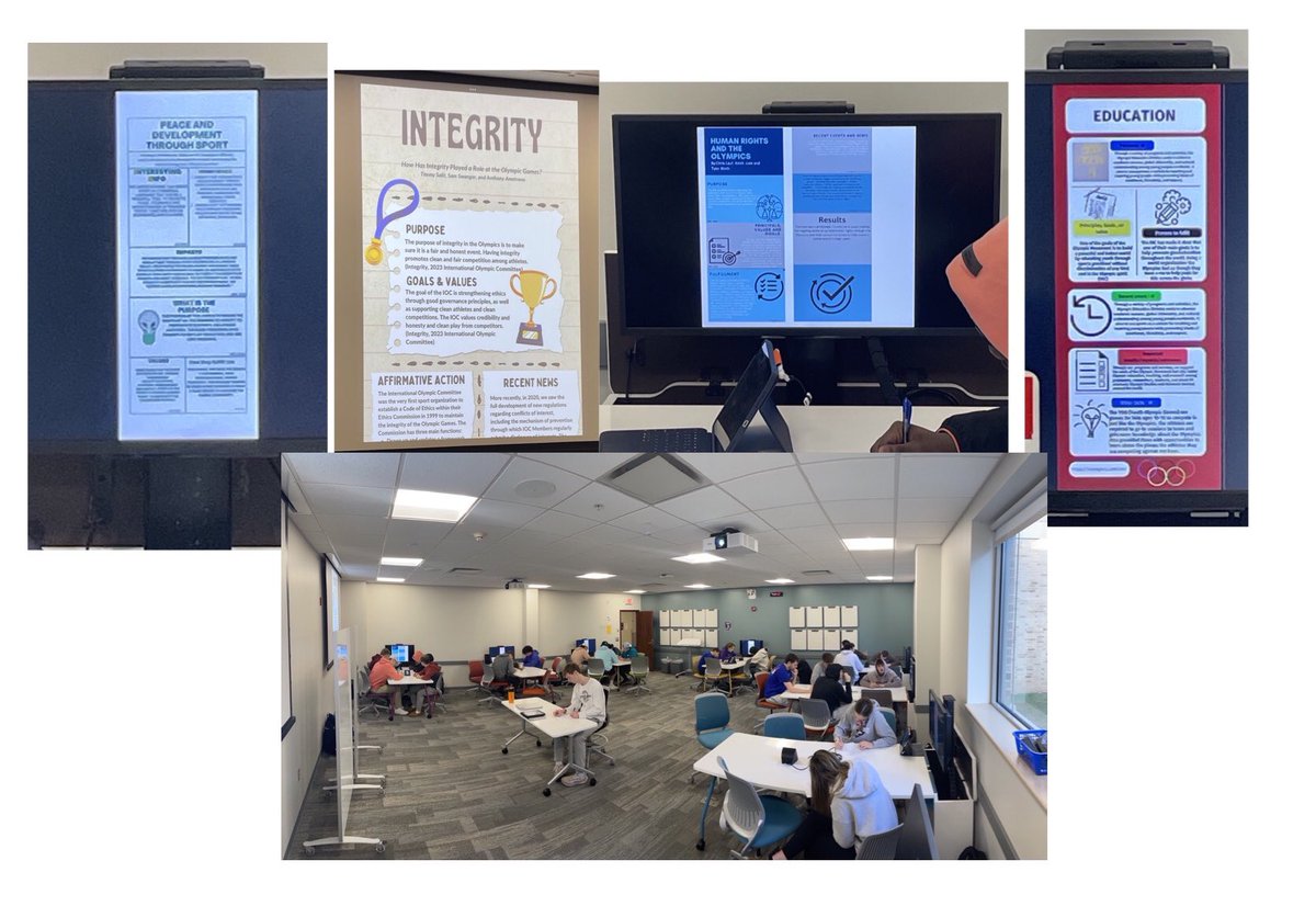 Great active learning gallery walk today! In Politics &amp; the Olympics, each small group made an infographic about an IOC initiative Beyond the Games. Using the classroom tech graphics were shared, teams walked around our “gallery”, extracting info and learning from their peers!