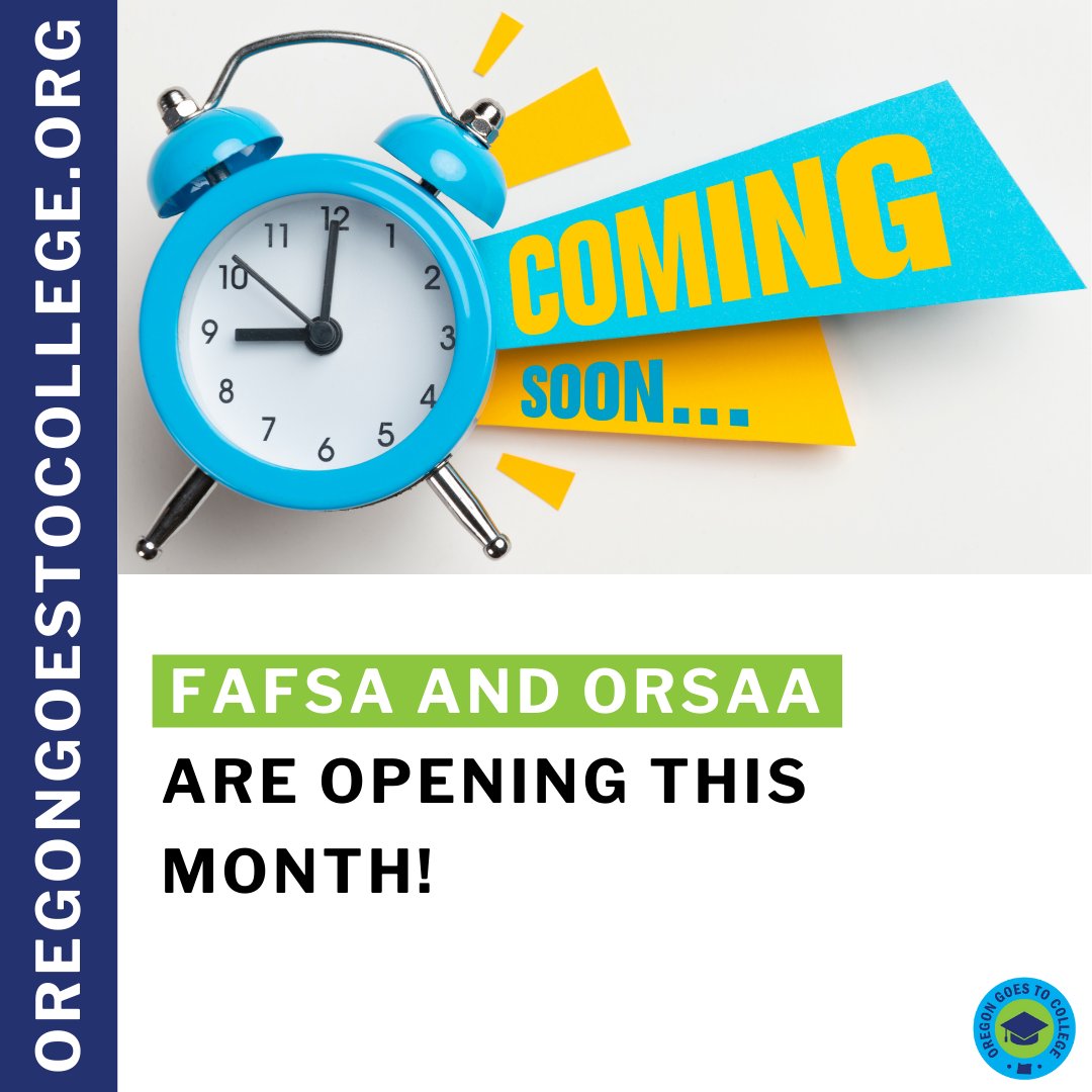 ORGoesToCollege's tweet photo. FAFSA and ORSAA are opening this month! Keep an eye out for more information on when you can apply! To learn more, visit https://t.co/nxwzWV6qZP
#ItsAPlan #FAFSA #ORSAA #FinancialAid #StudentAid https://t.co/sG4rQrKT4f