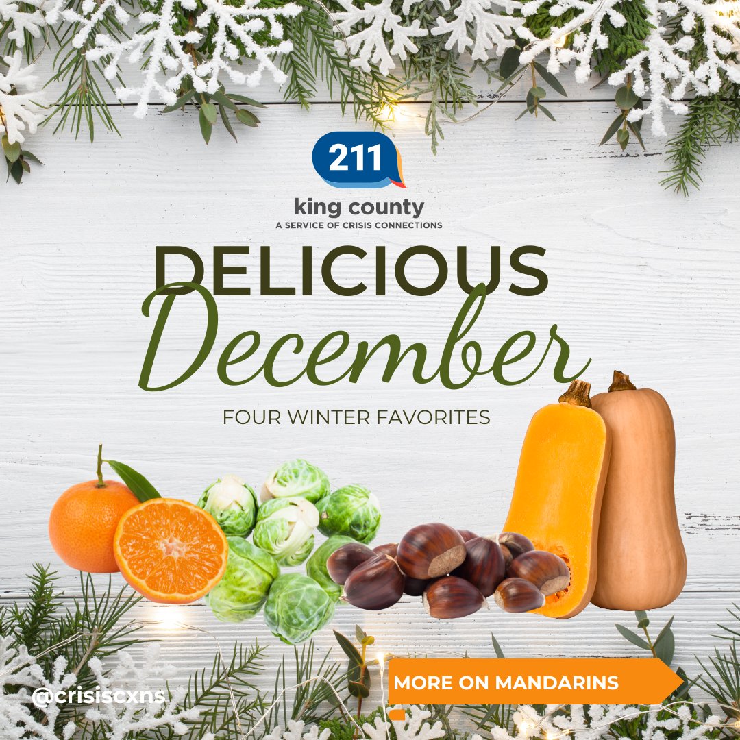 CrisisCXNs's tweet image. Winter is fast approaching! Dig into seasonal produce. 🍊

Need help with your food budget? Call 211!

#SNAPBenefits, #foodpantries, #basicfood

M-F, 9-5
☎️ 211 
211kingcounty.org 
See the full post: instagram.com/crisiscxns