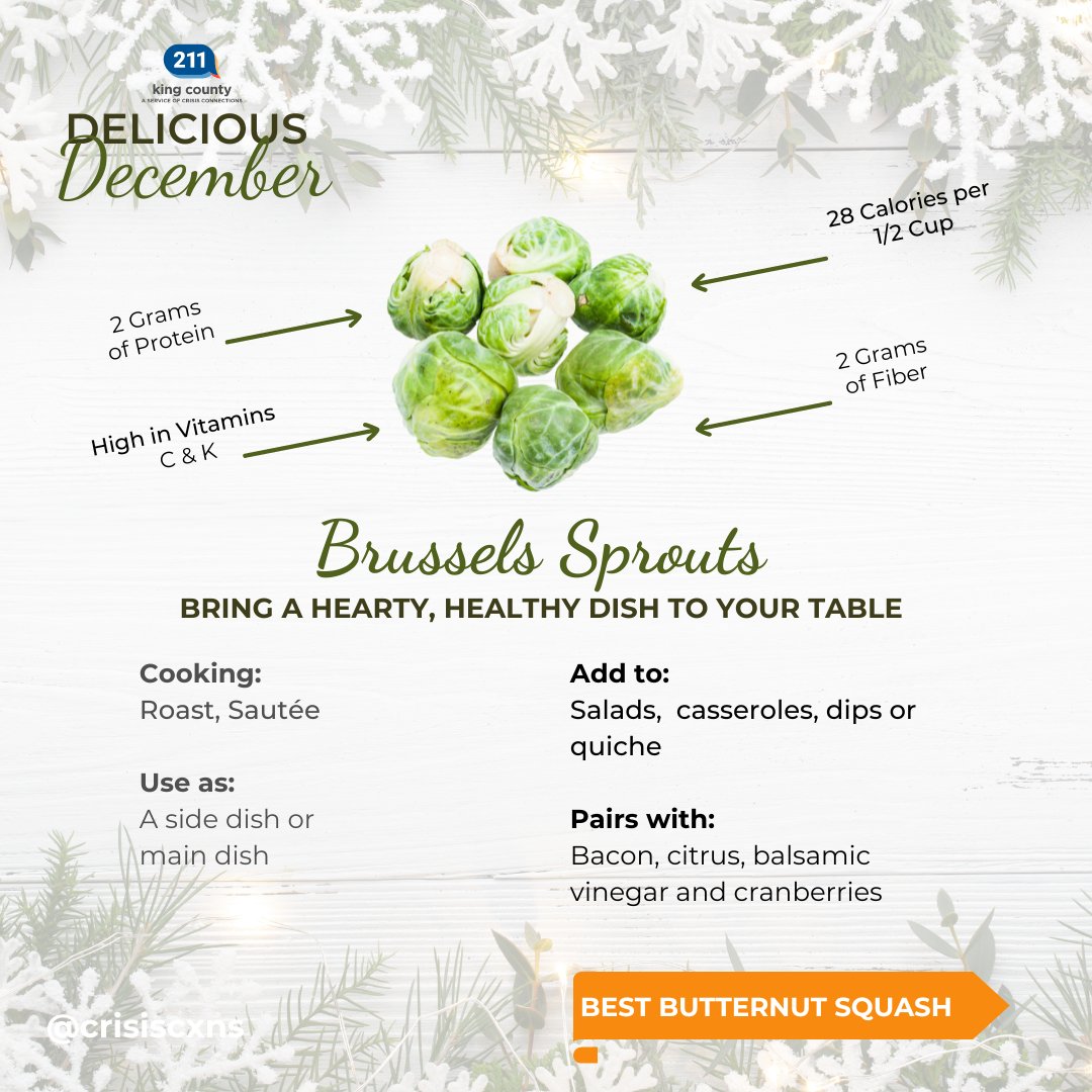 CrisisCXNs's tweet image. Winter is fast approaching! Dig into seasonal produce. 🍊

Need help with your food budget? Call 211!

#SNAPBenefits, #foodpantries, #basicfood

M-F, 9-5
☎️ 211 
211kingcounty.org 
See the full post: instagram.com/crisiscxns