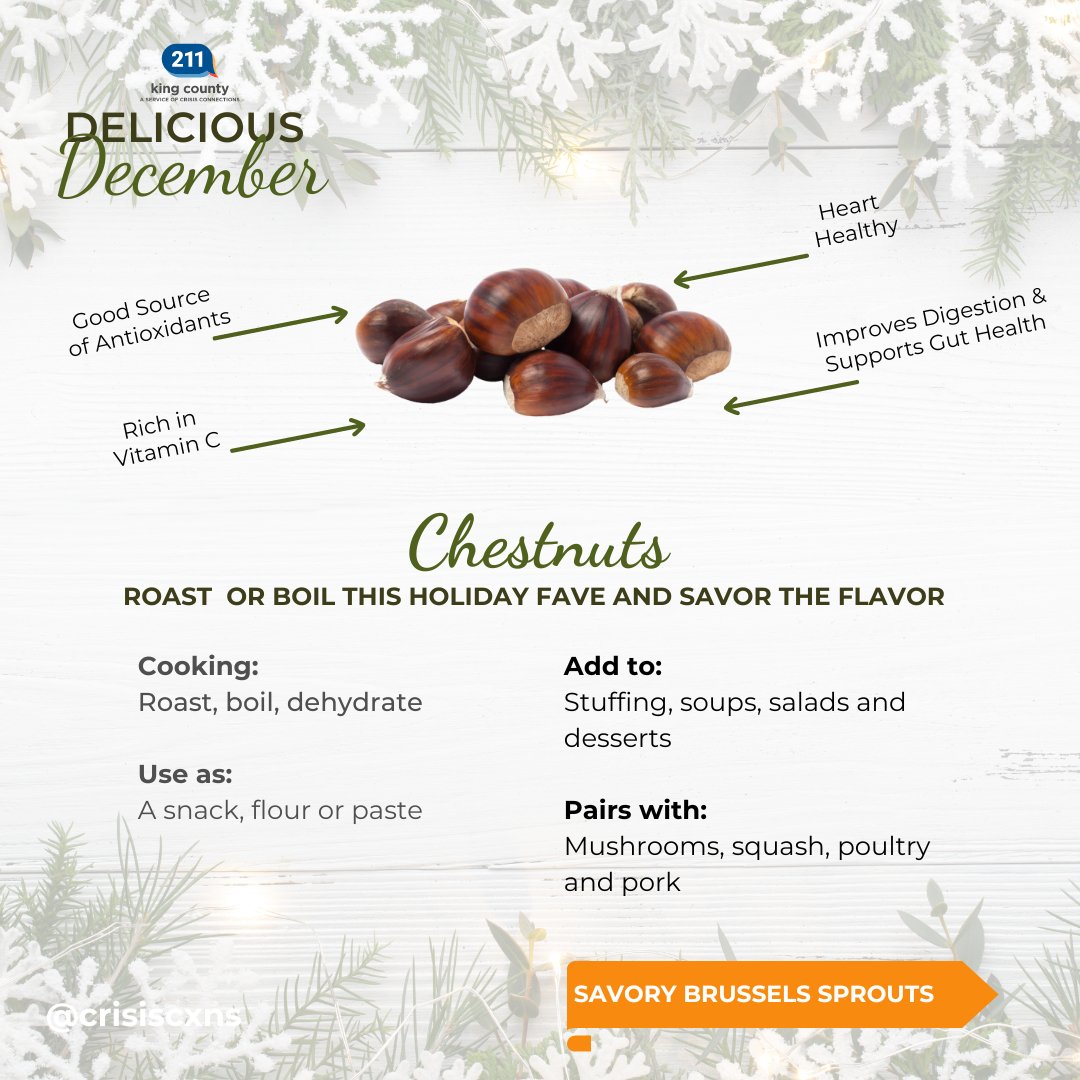 CrisisCXNs's tweet image. Winter is fast approaching! Dig into seasonal produce. 🍊

Need help with your food budget? Call 211!

#SNAPBenefits, #foodpantries, #basicfood

M-F, 9-5
☎️ 211 
211kingcounty.org 
See the full post: instagram.com/crisiscxns