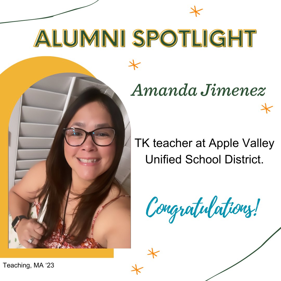 LaFetra_ULV's tweet image. It's #AlumniFeatureFriday! 🐾 🐆

Amanda graduated from LaFetra in Teaching, MA, '23.

"Living my best teacher life. Teaching TK!"

#LeoforLife #ulvalumni #lfce #alumnifeatures