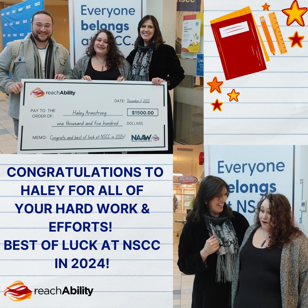 Congratulations to the deserving recipient of the 2024 reachAbility NAAW Scholarship, Haley Armstrong! From all of us at reachAbility and from our national NAAW funding partners. Best of luck at NSCC in 2024!🌟🎉
