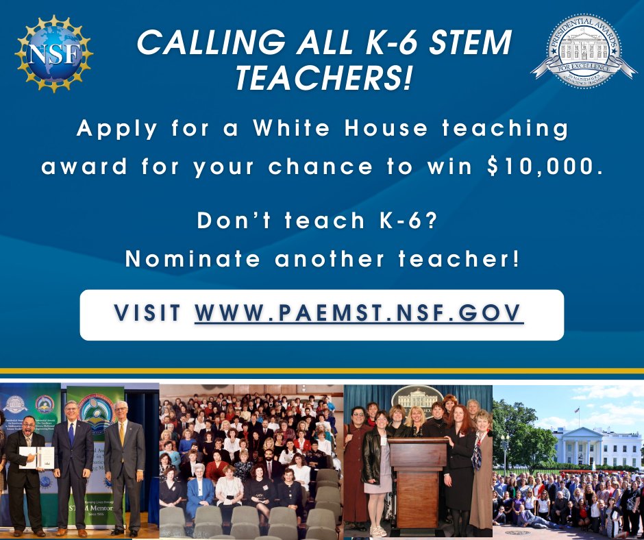 Nominate exceptional K–12 STEM teachers for the PAEMST 2023-2024. Teachers may also apply directly at paemst.nsf.gov. The nomination deadline is 1/8/2024 & the application deadline is 2/6/2024. Get more info paemst.nsf.gov/webinar. @eastcoastbrown @MarlaUcelli @AFTunion