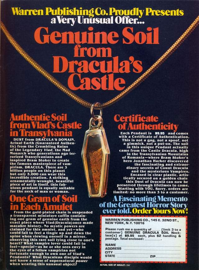 Amulet of genuine soil from Dracula's Castle, ad in Famous Monsters of Filmland 1980s