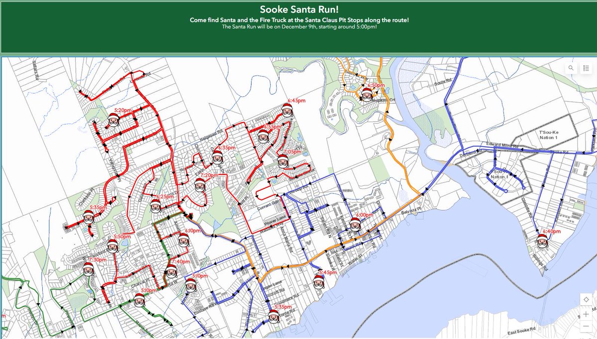 NEW!  The #Sooke Firefighters Santa Run this weekend will include Santa Claus Pit Stop.

At the Pit Stops, displayed on the map, teams will stop for ~5 MIN to greet families, take photos + collect donations (cash or food).

See the map: arcgis.com/apps/dashboard…