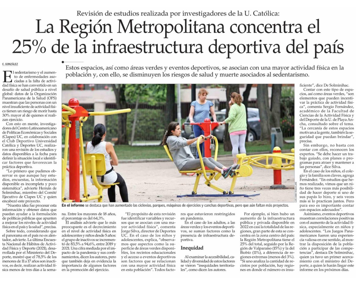 hdesolminihac's tweet photo. NOTA en  @ElMercurio_cl “La Región Metropolitana concentra el 25% de la infraestructura deportiva del país”, de acuerdo a estudio realizado por investigadores de #ClapesUC en colaboración de @lacatolicacl y #DeportesUC.   
Estudio en sgte link:
https://t.co/rWd1kJuNu5… https://t.co/C7L1r8iaZB