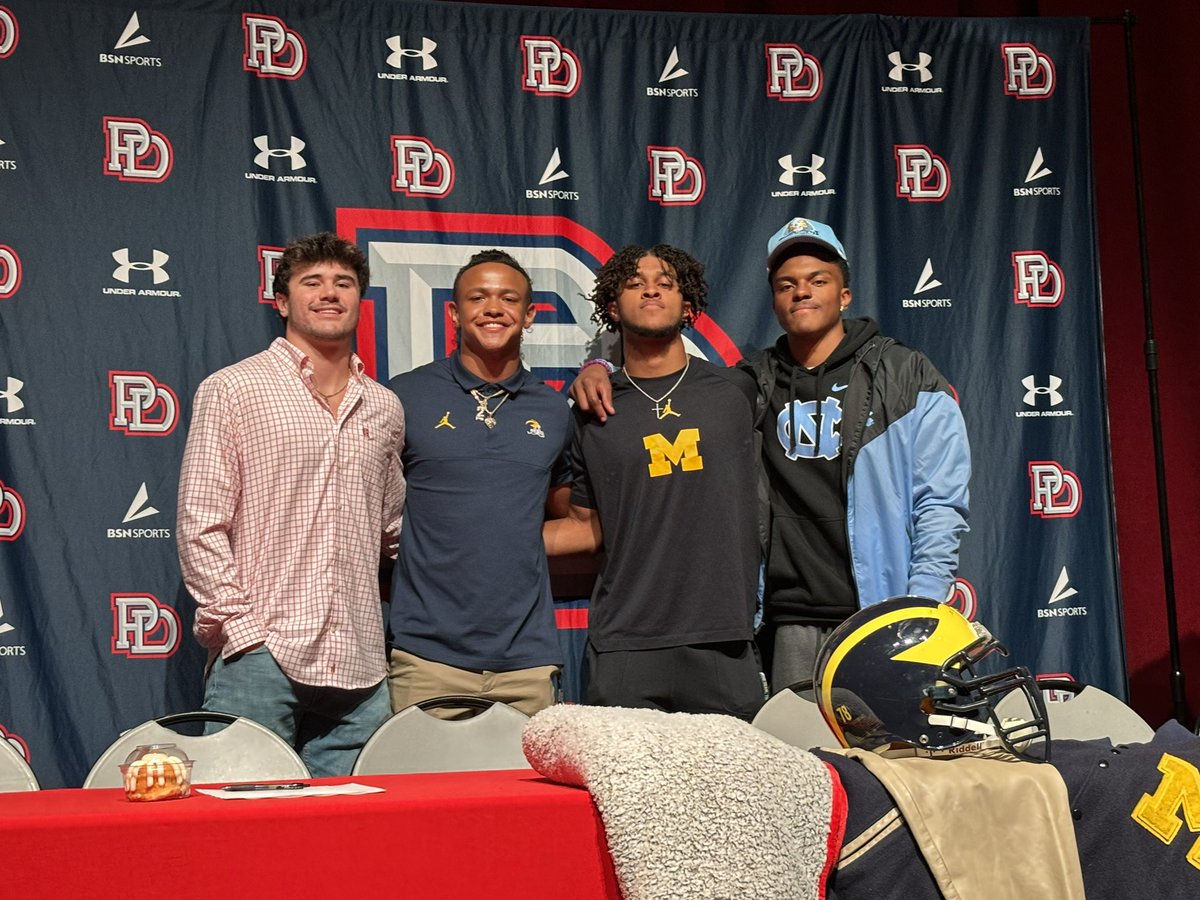 NC State, Michigan, Michigan, UNC @brodybarnhardt @ChanningGoodwin @iamjadyndavis @JordanShipp15 Back-to-Back-to-Back State Champion @PDS_ChargersFB sends four elite young men to the highest level. Holy Powerhouse.