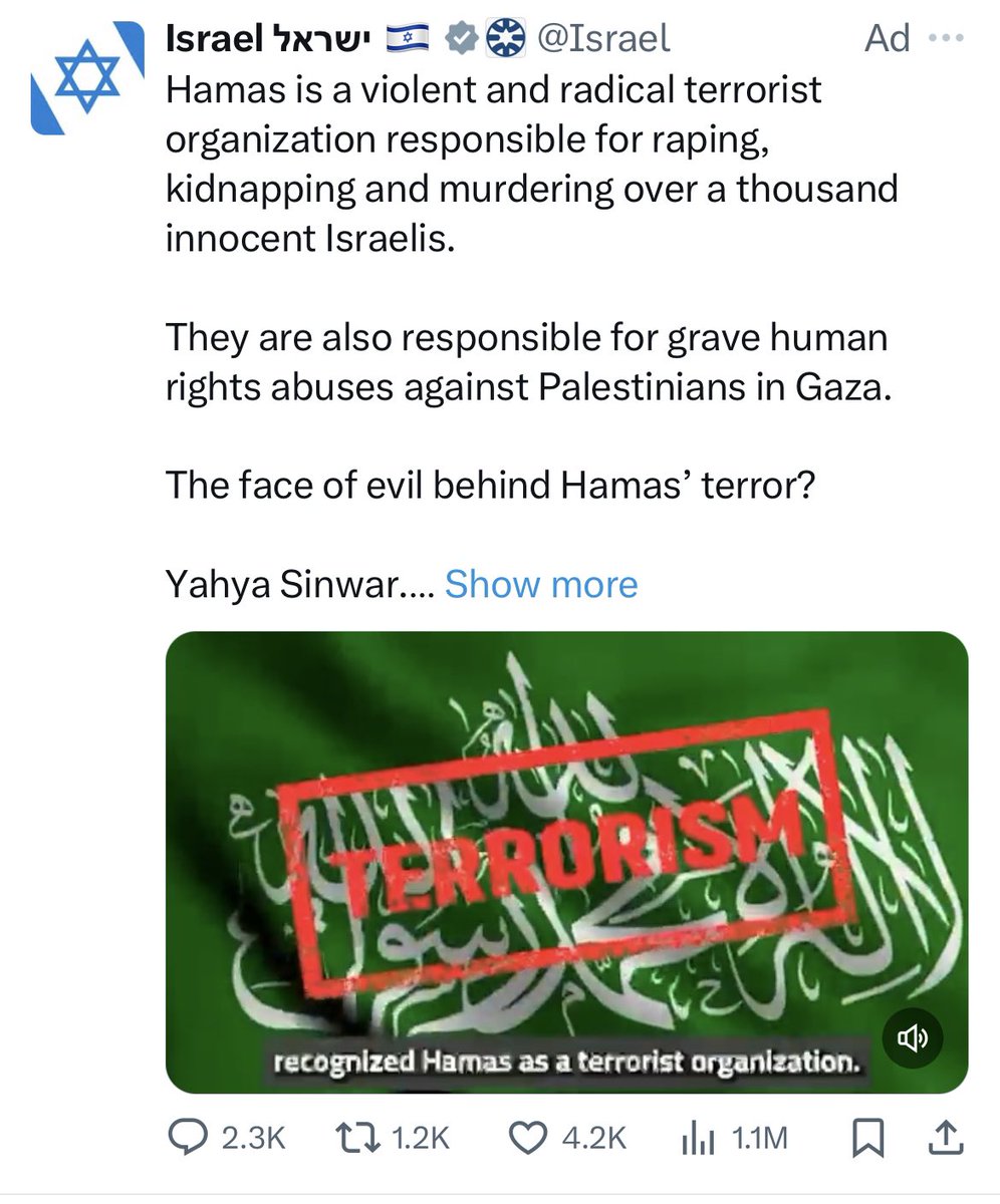 peanutismint's tweet photo. I’m not wading into this political swamp but @Israel advertising their propaganda on my timeline every day that Hamas killed
1,000 Jews without mentioning that they’ve killed 10,000 Palestinians in retaliation seems a little disingenuous. But then they know that, don’t they? https://t.co/ZFLypthVSJ
