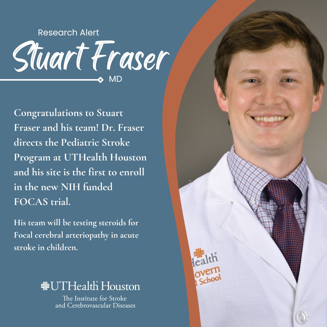 UTHealthStroke's tweet photo. Congratulations to @StuartFraserMD
and his team for the first The National Institutes of Health-funded #FOCAS Trial enrollment!  #researchalert #pediatricstroke #strokeresearch #strokeawareness https://t.co/XSV3AQUXjW