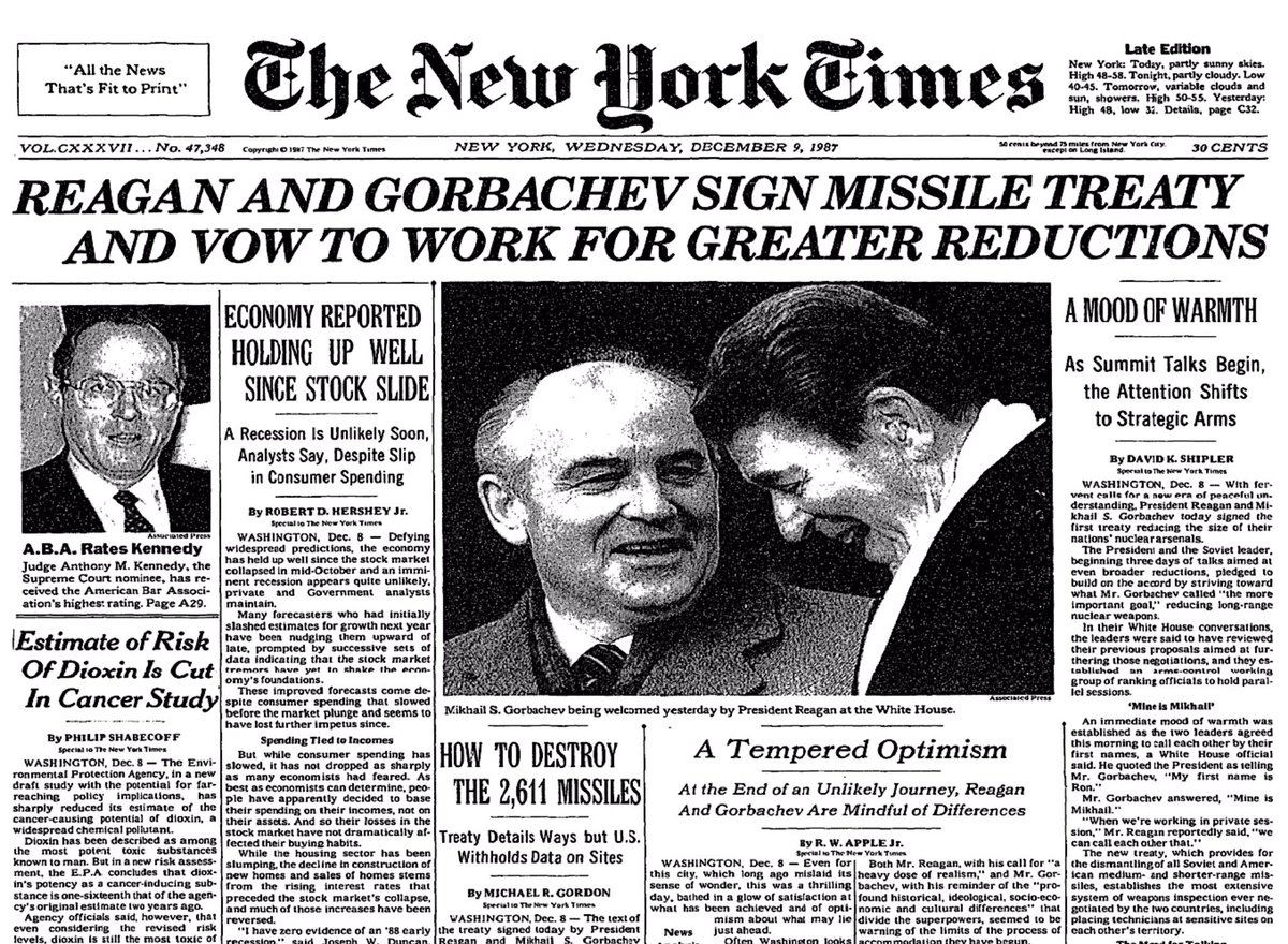 DrPnygard's tweet image. Today in 1987-POTUS #RonaldReagan &amp;amp; Soviet leader #MikhailGorbachev signed the 1st treaty between the two superpowers to reduce their huge nuclear arsenals. The agreement banned ground-launched short- &amp;amp; medium-range missiles, of which the two nations collectively possessed 2,611.