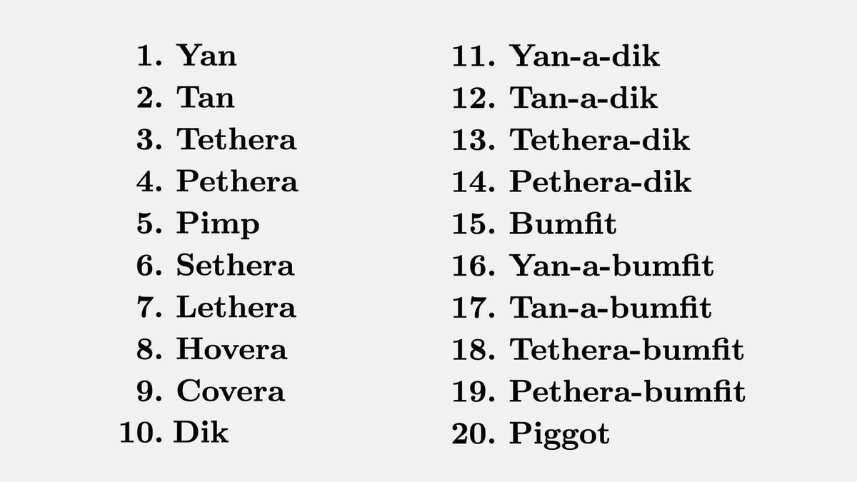 PostFilm's tweet photo. Counting system used by Northumberland shepherds (UK). Love the sound of these words! https://t.co/4zoE5agRo5