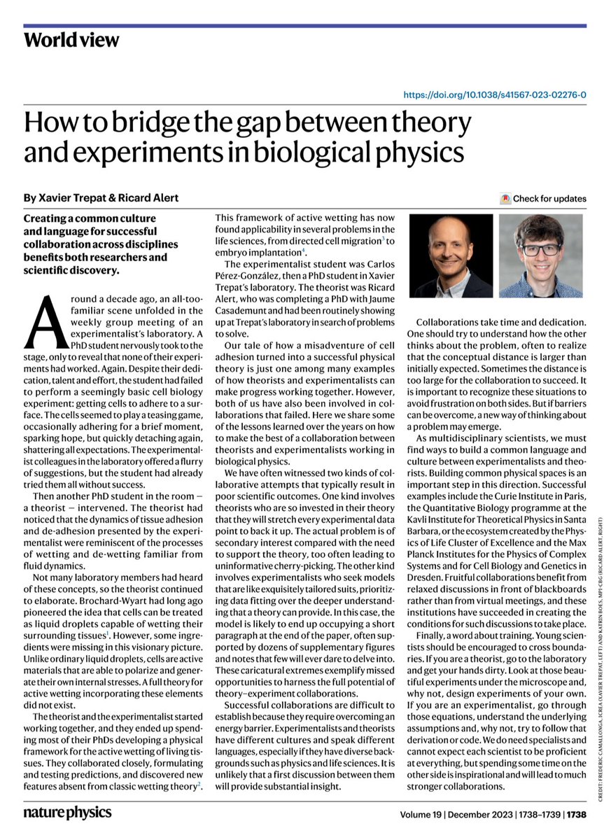 XavierTrepat's tweet photo. With @RicardAlert  we wrote this piece @NaturePhysics on success and misadventure in scientific collaborations. Based on a true story. Any thoughts on the topic? Open access here: https://t.co/mzfmWpokCP https://t.co/DwRWyuBl7j