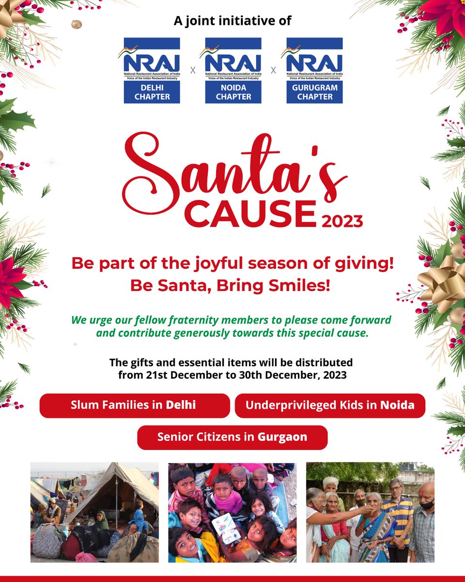 NRAI_India's tweet photo. Join hands with us in spreading joy this season! 🎁
As a joint initiative of Delhi, Noida, and Gurugram chapters, we invite you to be Santa and bring smiles to those in need. 🤗
#JoyfulGiving
#SpreadSmiles
#BeSanta
#SeasonOfGiving
#CommunityLove
#GiftOfKindness
#helpinghands https://t.co/RCMxHF4iyY