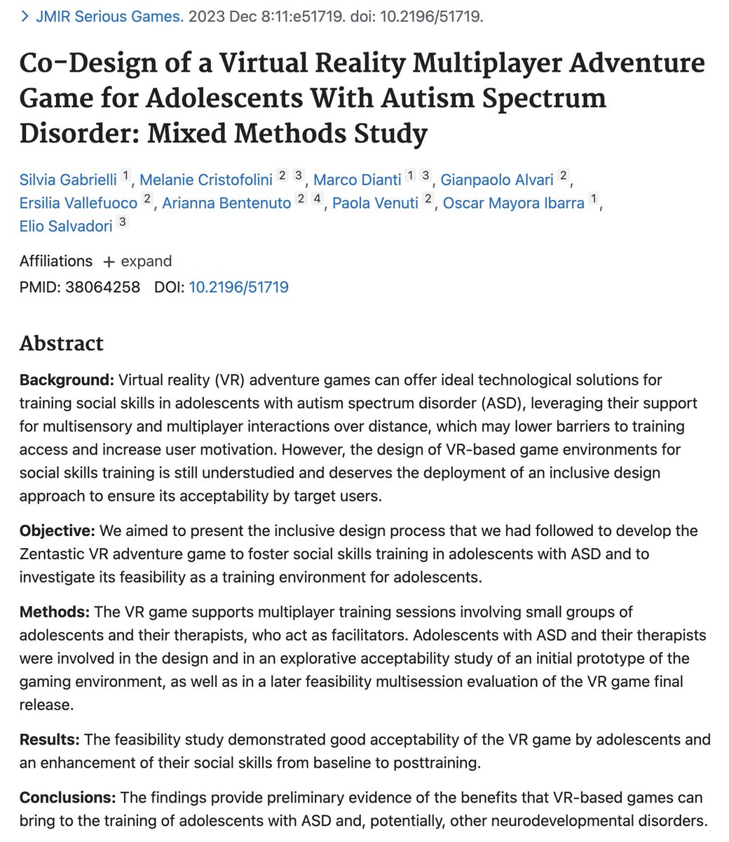 New research describes #VR adventure game for adolescents with Autism. This work is important for making social skills training more accessible &amp; engaging. Inclusive design and positive feasibility results spotlight how #VR transcends entertainment to become a therapeutic tool.