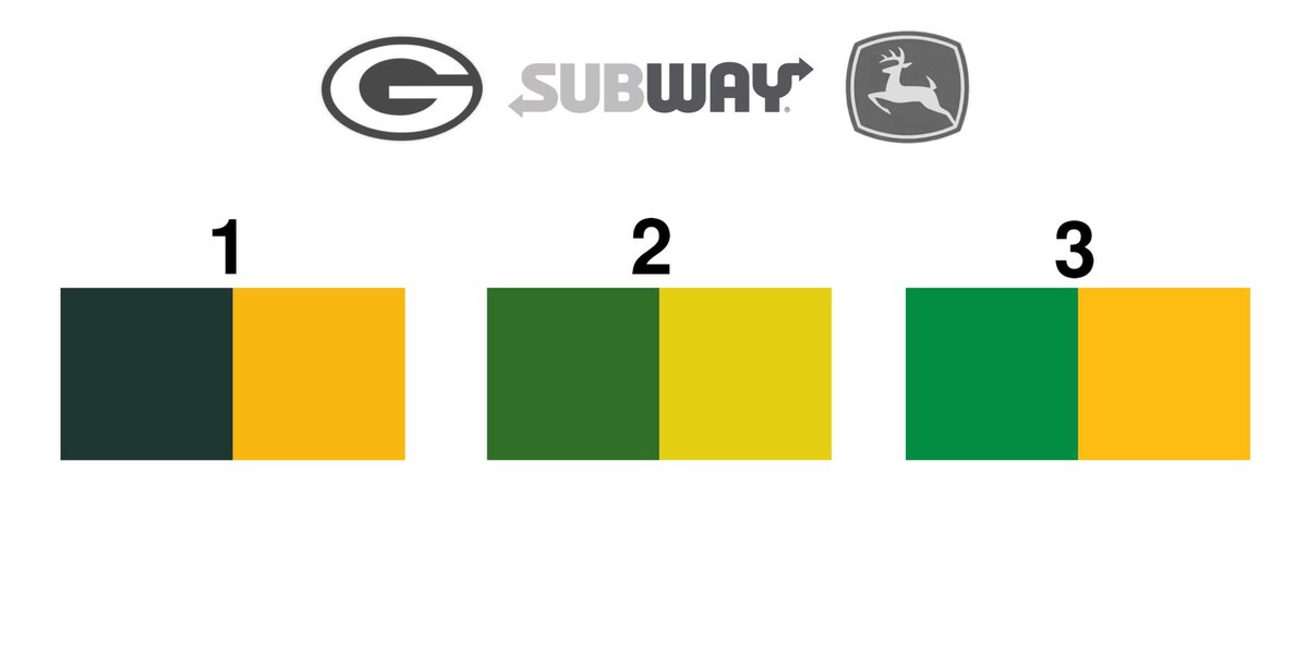 JayCuda's tweet photo. Packers, Subway, John Deere

can you match them correctly to the green/yellow combos 1, 2, &amp; 3 https://t.co/SZUEeZTPa2