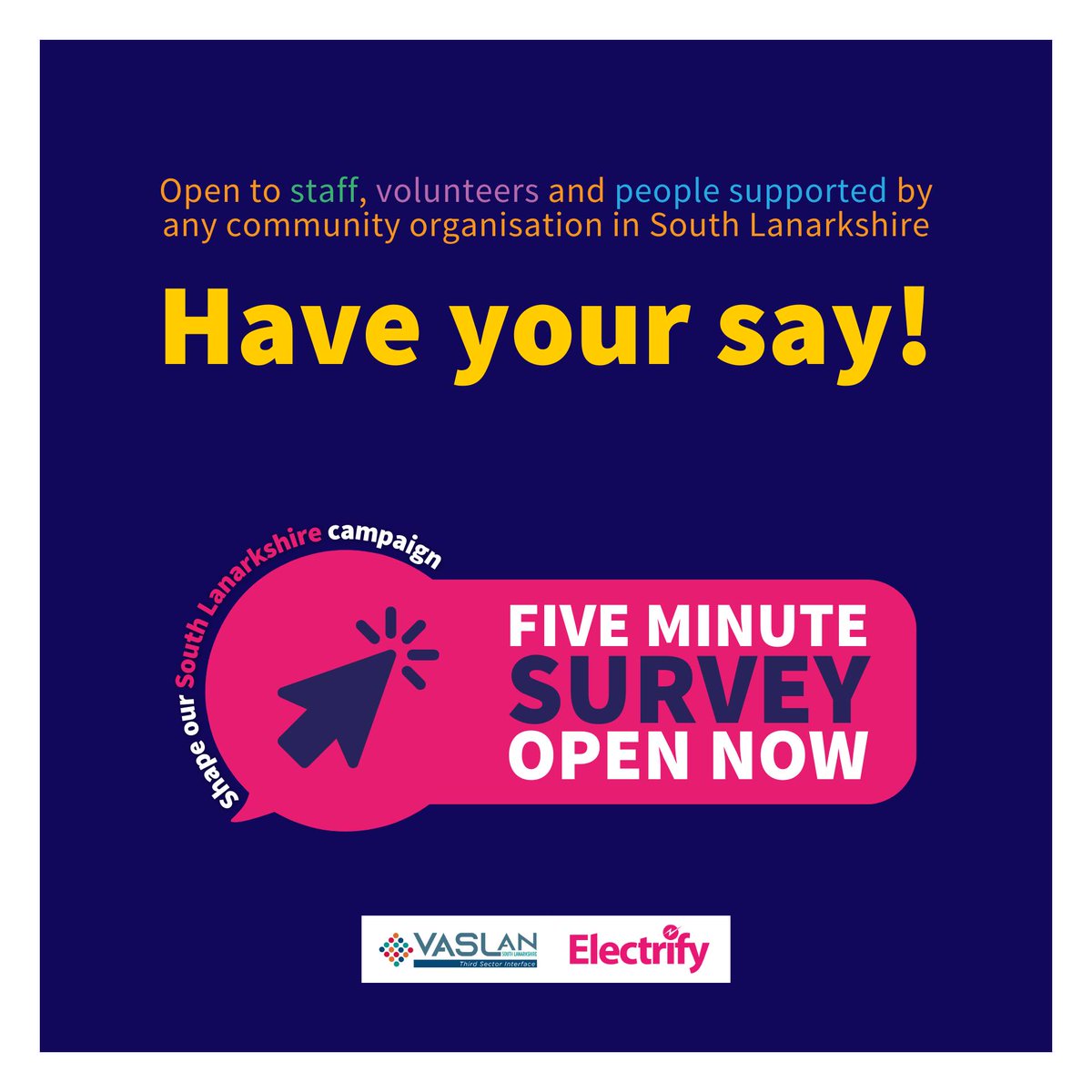 HnH_TheTrust's tweet photo. Get involved and have your say!📣

 @VA_SLan are looking for your help to build a transformational campaign that represents the values of South Lanarkshire's Third Sector✨

Please fill out this survey to get started👉 https://t.co/6eIh23NfOl

#localcampaign #timeforchange https://t.co/V9tGjCoP2g