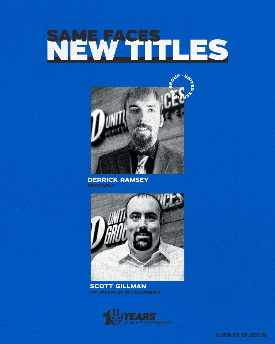 UntdSrvcsGroup's tweet photo. We are happy to announce the promotions of both Derrick Ramsey and Scott Gillman.

Derrick Ramsey's new title is President.
Scott Gillman's new title is Vice President, Business Development.

#Announcement https://t.co/Wrij7i1eHm