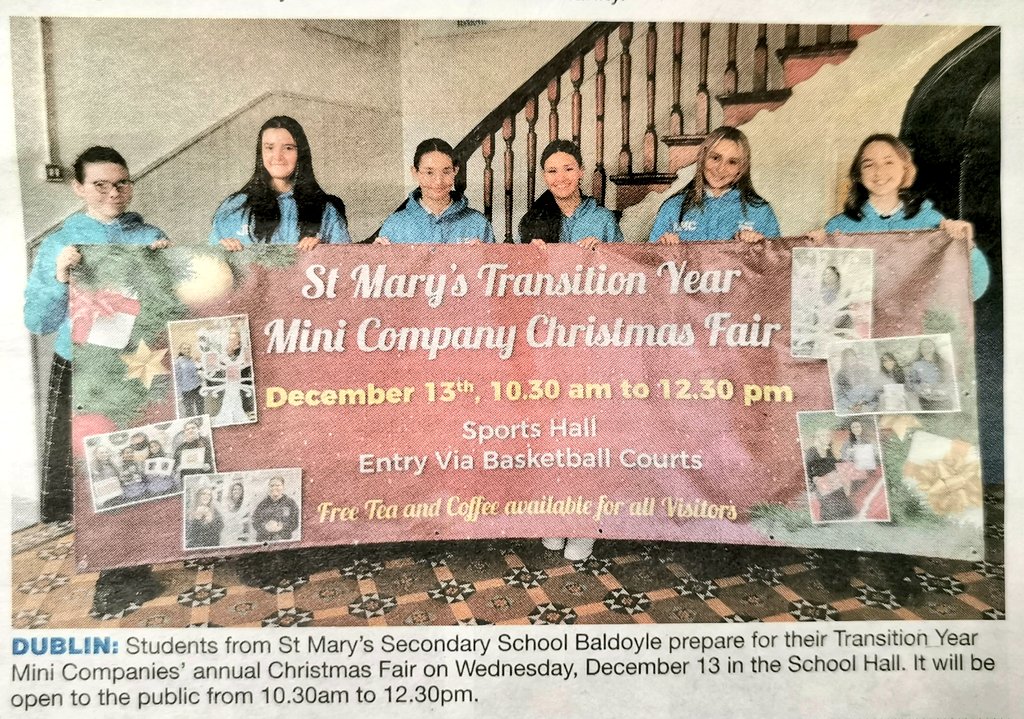Christmas Fair

Some fantastic products
On offer from
Our Transition Year
Mini Companies

Some great Xmas Gifts

On this Wednesday
10.30 to 12.30

Free tea or coffee for all visitors

Thanks <a href="/IrishCathNews/">The Irish Catholic</a>
For the coverage

<a href="/BaldoyleNews/">Baldoyle News Network</a>
<a href="/EVENTSinFingal/">Events in Fingal</a>
<a href="/LEOFingal/">LEO Fingal</a>
<a href="/StudentEntProg/">StudentEntProg</a>