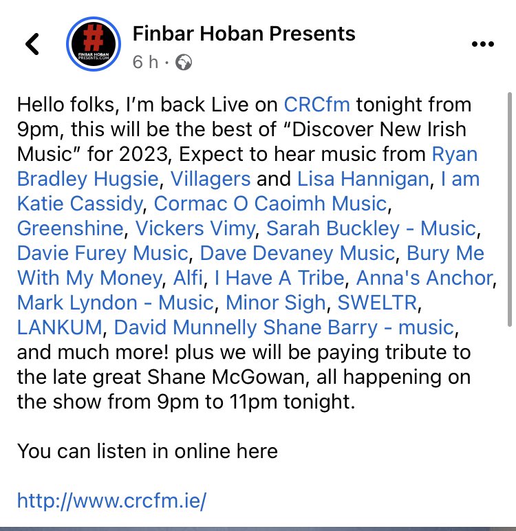 Paul Brett (@minorsigh) on Twitter photo Many thanks to <a href="/toonmusic/">Finbar Hoban Presents</a> for including me in his best of new Irish music 2023 selection. A great supporter of Irish music! Tune into the show tonight at 9 on crcfm.ie Many thanks to <a href="/toonmusic/">Finbar Hoban Presents</a> for including me in his best of new Irish music 2023 selection. A great supporter of Irish music! Tune into the show tonight at 9 on crcfm.ie