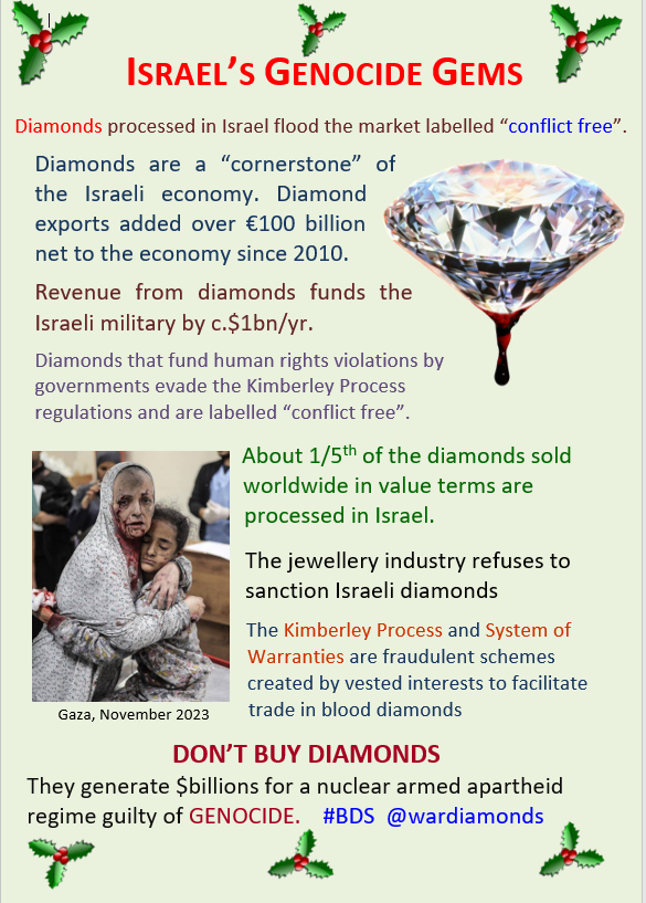 wardiamonds's tweet photo. Israel could not financially or politically afford to sustain its genocidal settler-colonial project in Palestine without revenue from companies with Israeli #supplychains, esplly the diamond industry, Israel's no.1 net export. #ESGwashing #BDS #UNGP #HRDD #EndCorporateImpunity https://t.co/cDm0izflbs