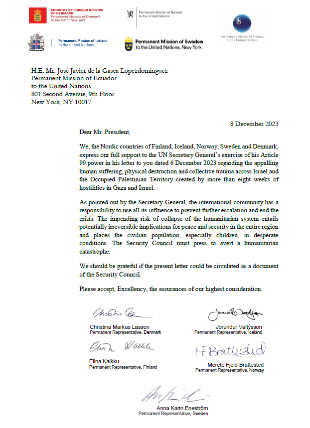 #Iceland along with the #Nordic countries fully supports UNSG <a href="/antonioguterres/">António Guterres</a>'s appeal for a decisive action by #UNSC. Invoking Art.99 is an imperative response to the catastrophic humanitarian situation in #Gaza &amp; the impending risk of collapse of the humanitarian system there.