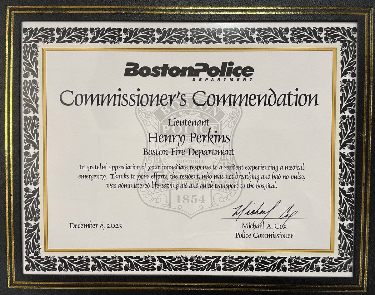 Congratulations to LT. Henry Perkins of the Fire Education Div. His quick response and actions saved the life of a woman who was not breathing. Lt.Perkins &amp; BPD Officers were awarded the ⁦<a href="/bostonpolice/">Boston Police Dept.</a>⁩ Commissioner Commendation for their life saving efforts.